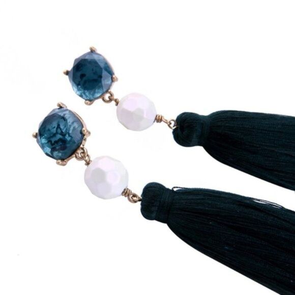 Blue White Rhinestone Tassel Fringe Vintage Gold Dangle Statement Earrings - Picture 4 of 8